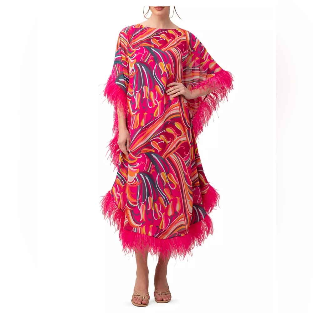 FEATHER TRIM CAFTAN DRESS